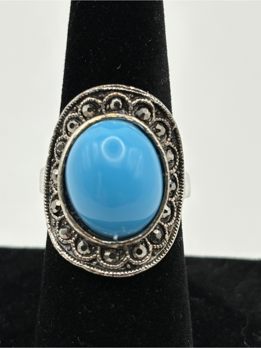 Silver-Tone Ring with Bright Blue Oval Cabochon